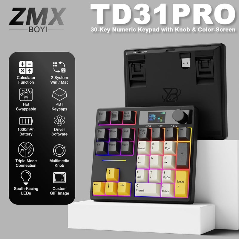 zMAX X BOYI TD31Pro Mechanical Number Pad,30 Keys Hot Swap Wireless BT5.0/2.4GHz/Type-C Wired Numeric Keypad Programmable RGB Gaming Numpad Keyboard with Knob Screen for Laptop/Mac (Black) - Image 2
